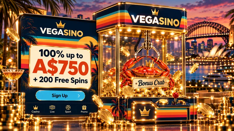Illustration of the Vegasino welcome offer: 100% up to A$750, 200 free spins and a Bonus Crab machine