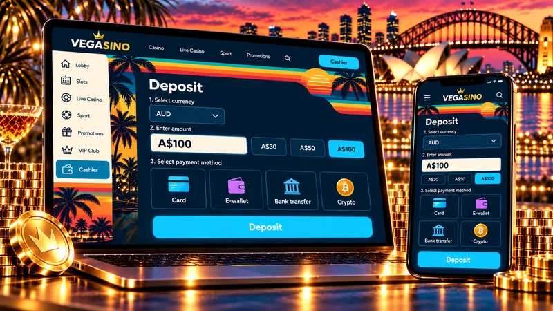 Illustration of a Vegasino-style AUD deposit page with four generic payment method tiles