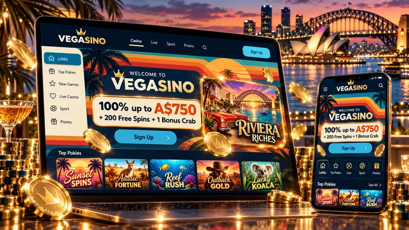 Illustration of a laptop and a phone showing a retro-styled casino lobby with a welcome-offer card