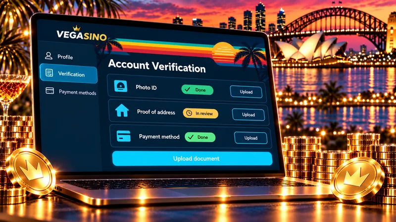 Illustrated account verification page on a laptop with photo ID, proof of address and payment method steps