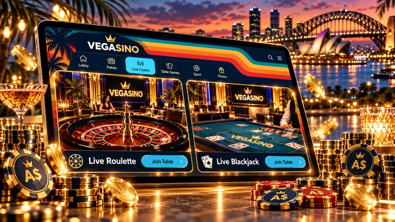 Illustration of live dealer roulette and blackjack tables on a tablet