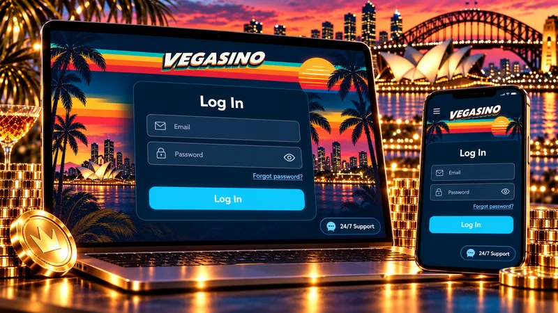 Illustration of a casino sign-in form on a laptop with email and password fields, a Log In button and a Forgot password link