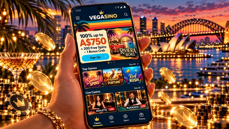 Illustration of a hand holding a phone with a Vegasino-styled lobby, an A$750 welcome card and rows of game tiles, Sydney Harbour at dusk behind