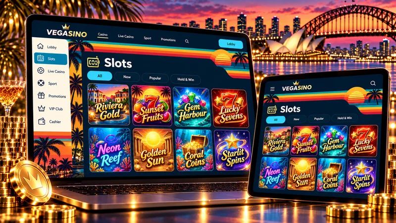 Illustrated laptop and tablet showing a Slots grid with category chips for New, Popular and Hold and Win