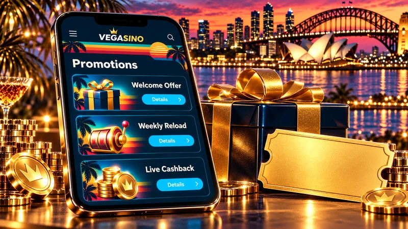Illustration of a phone promotions screen with welcome, reload and cashback cards beside a gift box and a blank gold ticket