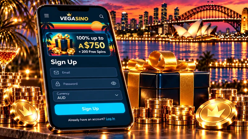 Illustration of a phone sign-up form with email, password and an AUD currency field, Sydney Harbour behind