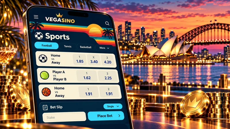 Illustrated phone sportsbook with soccer, tennis and basketball match cards and decimal odds, Sydney Harbour at dusk behind