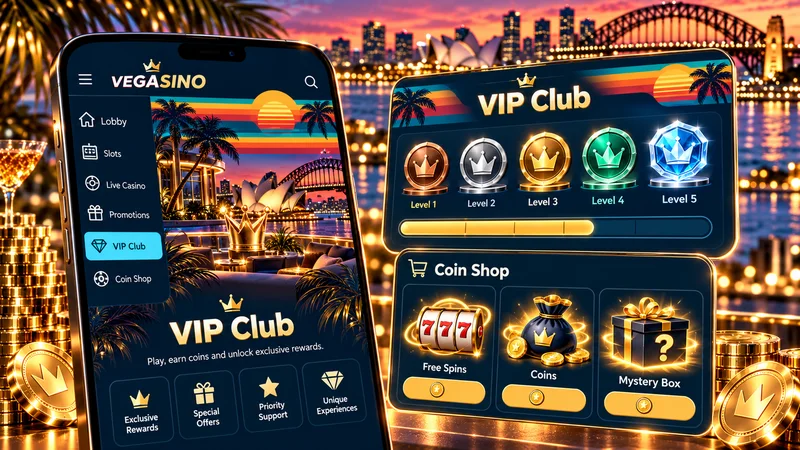 Illustration of a casino VIP club screen with level badges and a coin shop