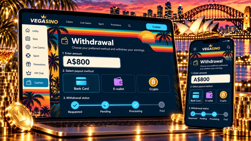 Illustrated withdrawal screen on a laptop and phone tracking an A$800 request through requested, pending and processing stages